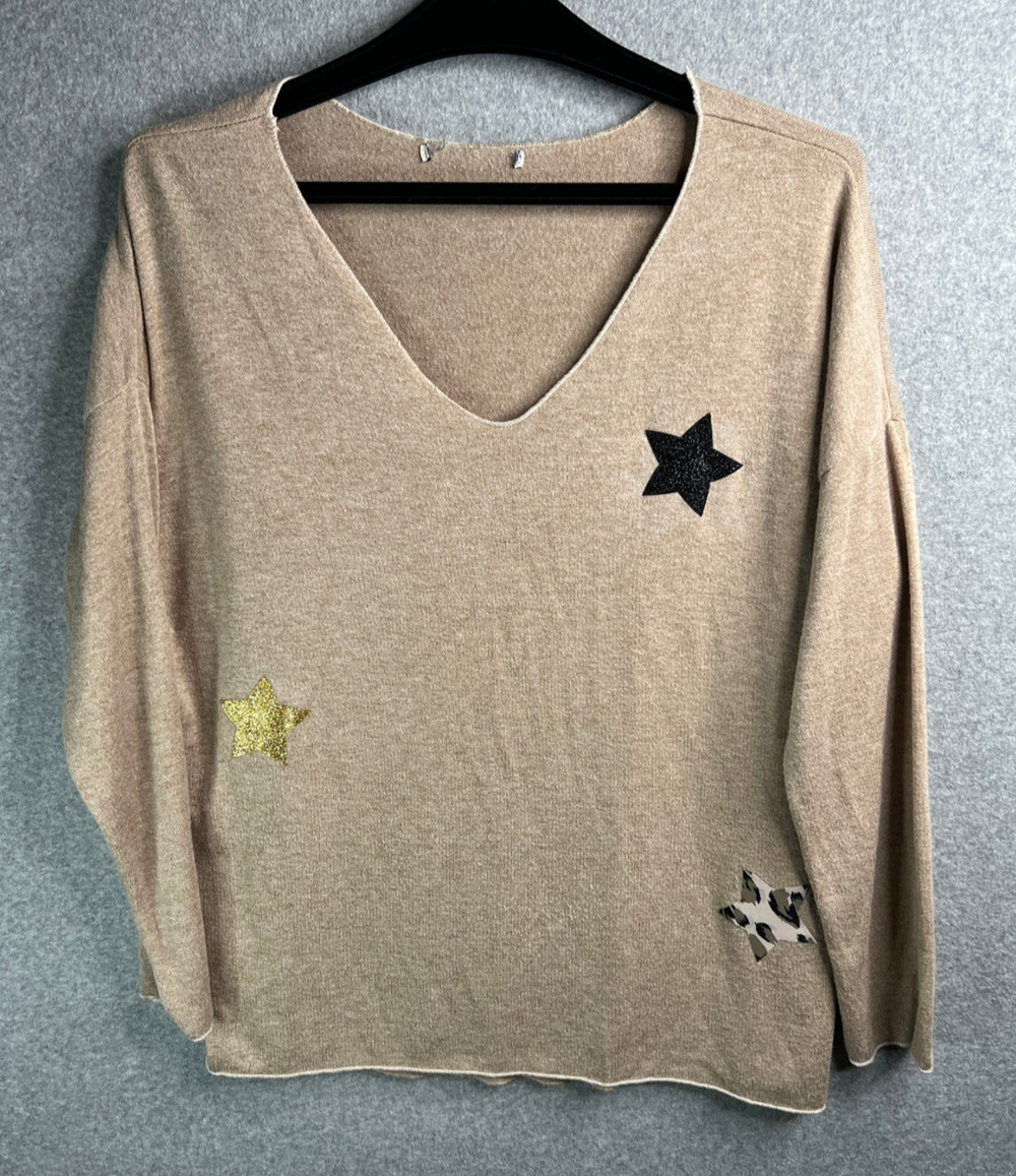 Tempo Paris Tan Women’s Star Appliqué V-Neck Sweater TG XL Italy